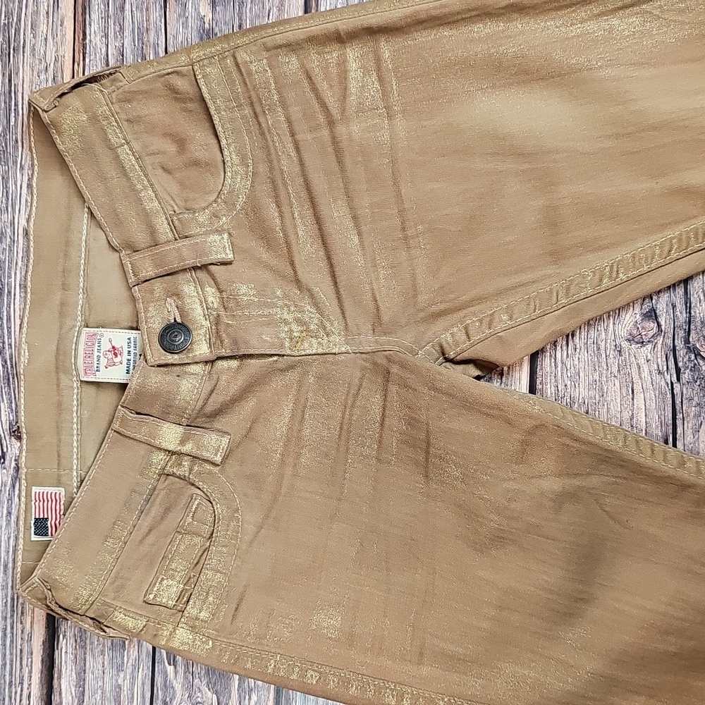 TRUE RELIGION CASEY VINTAGE Y2K GOLD METALLIC LOW-RISE SKINNY JEANS - Picture 2 of 14